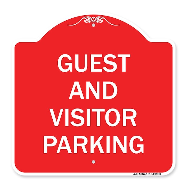 Designer Series Sign Guest and Visitor Parking, Red & White Aluminum Sign, 18" x 18", RW-1818-23933